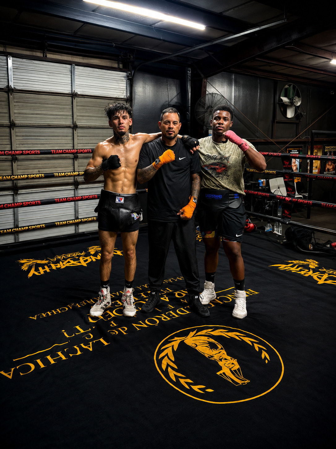 Andrew Zamarripas between two fighters in the ring at the gym, fists raised