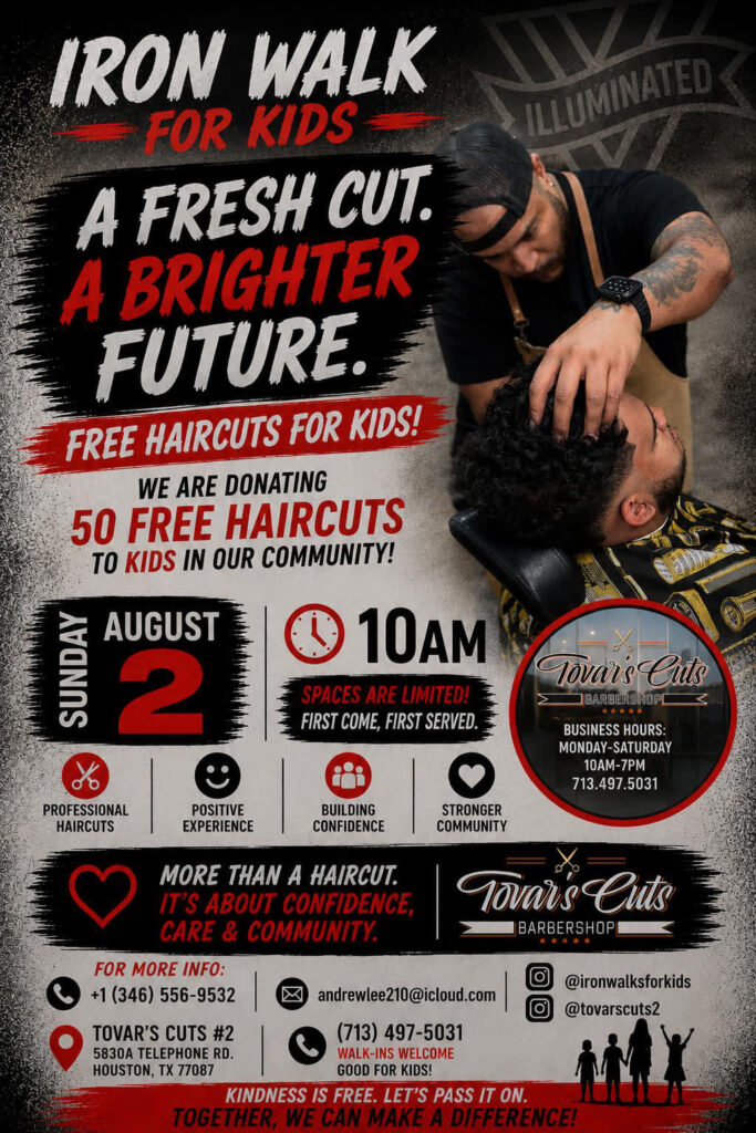 Flyer for the Free Haircuts for Kids day at Tovar's Cuts Barbershop, Sunday 2 August, 10AM