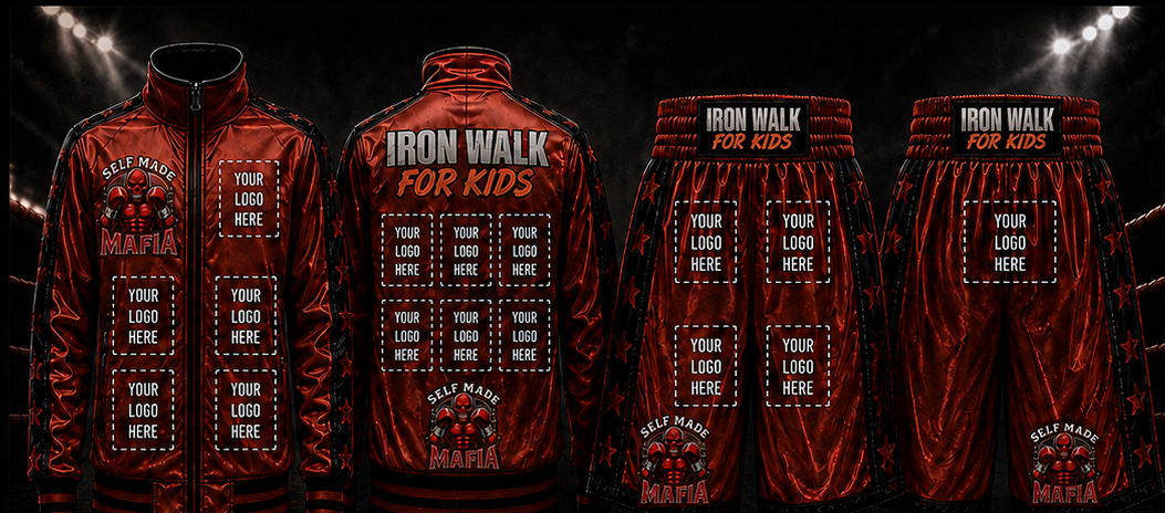 Official Iron Walk For Kids jacket and shorts marked with sponsor logo placements